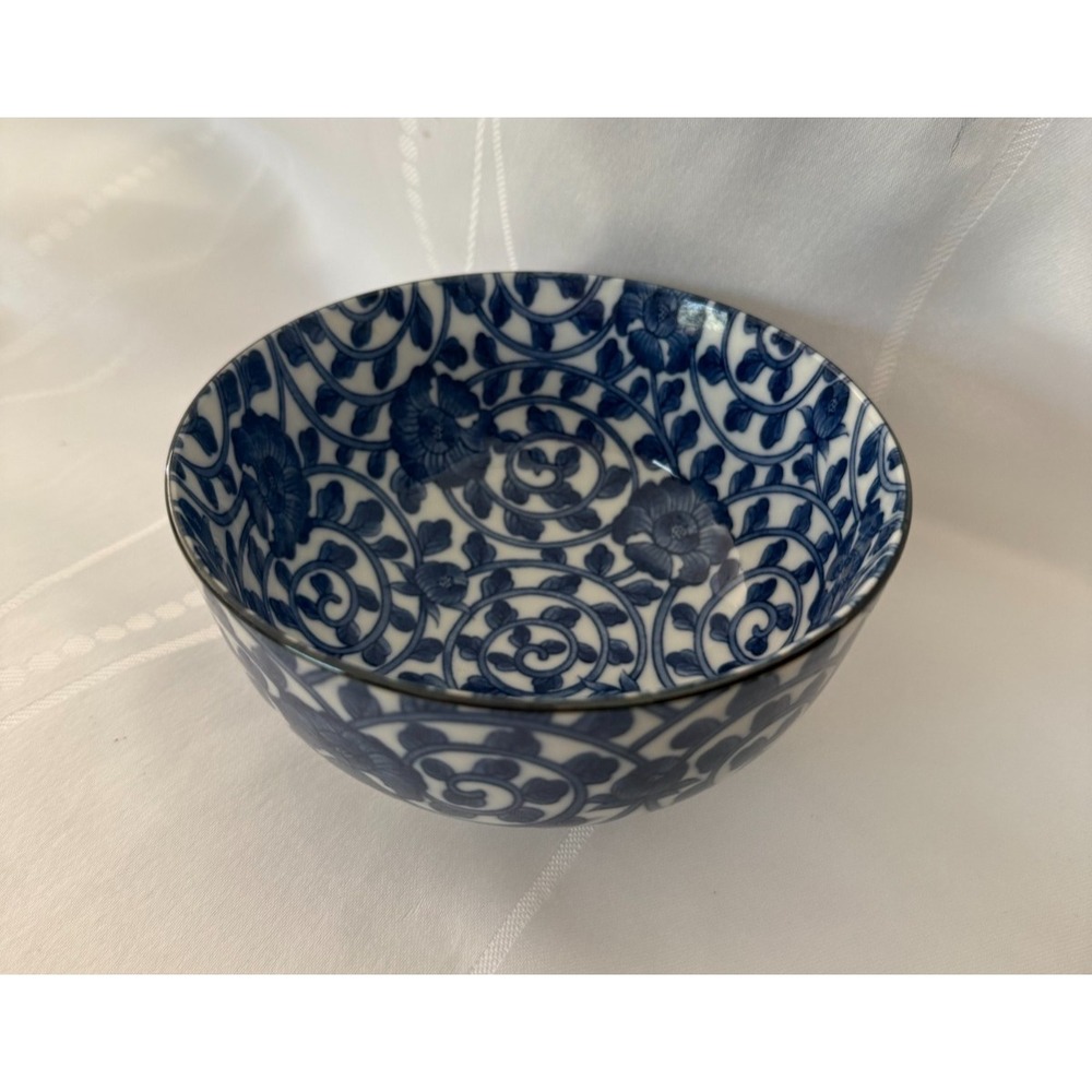 Japanese Porcelain Bowl Blue White Floral Scroll Pattern Made in Japan